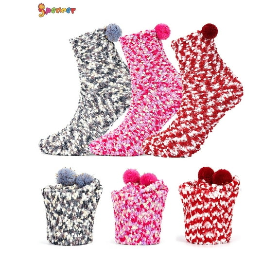 Spencer 3 Pairs Fuzzy Fluffy Socks for Women Winter Warm Slipper Socks DIY Plush Sock Cupcake Boxes Gift for Holiday Christmas (Grey & Rose Red & Red)