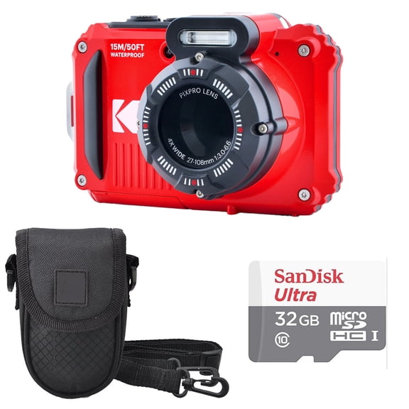 Kodak PIXPRO WPZ2 Digital Camera (Red)   Case   32GB Memory Card