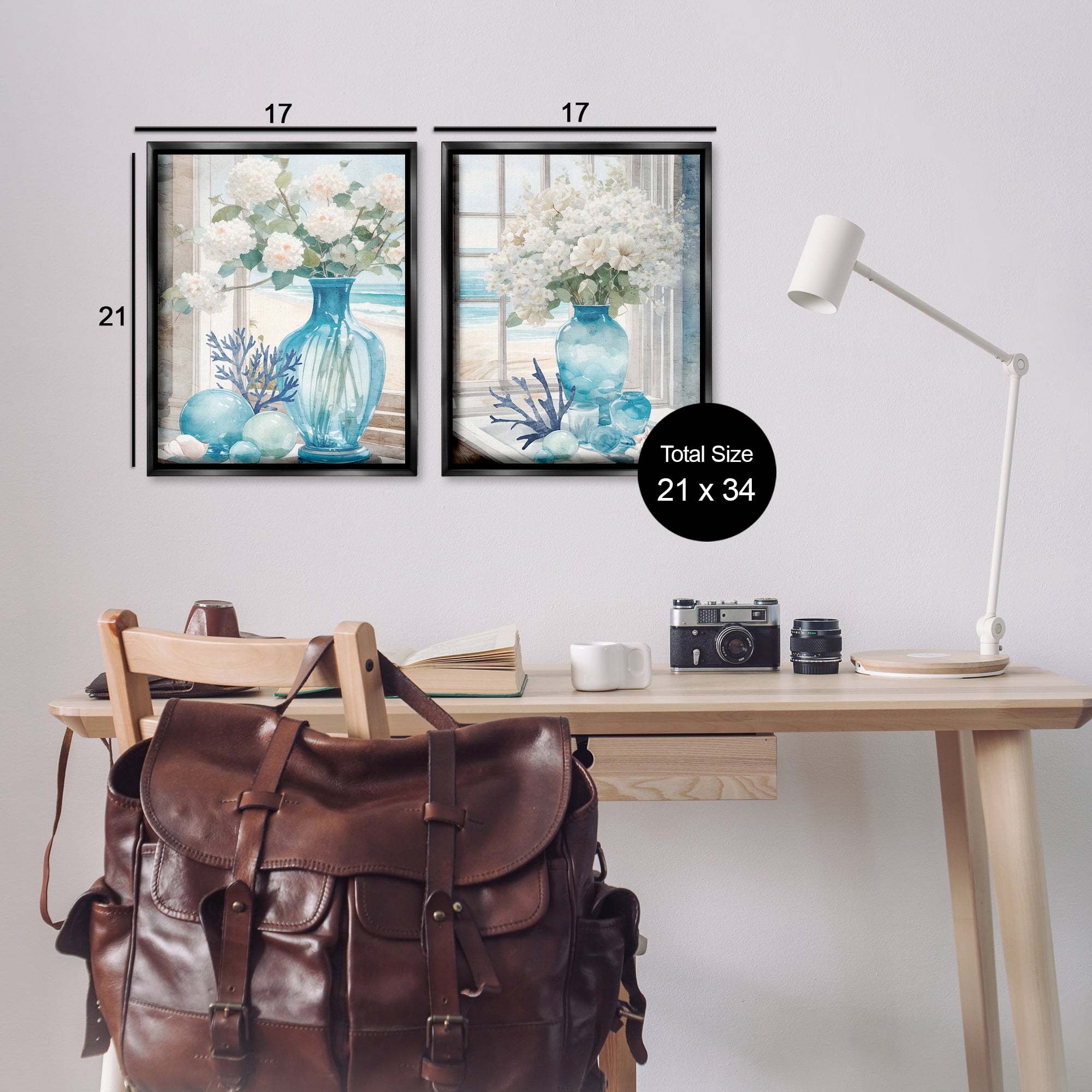 Stupell Industries Sea Glass Coral Beach Bouquet Plants & Flowers Painting Black Floater Framed Canvas Art Print Wall Art, 17 x 21, Set of 2