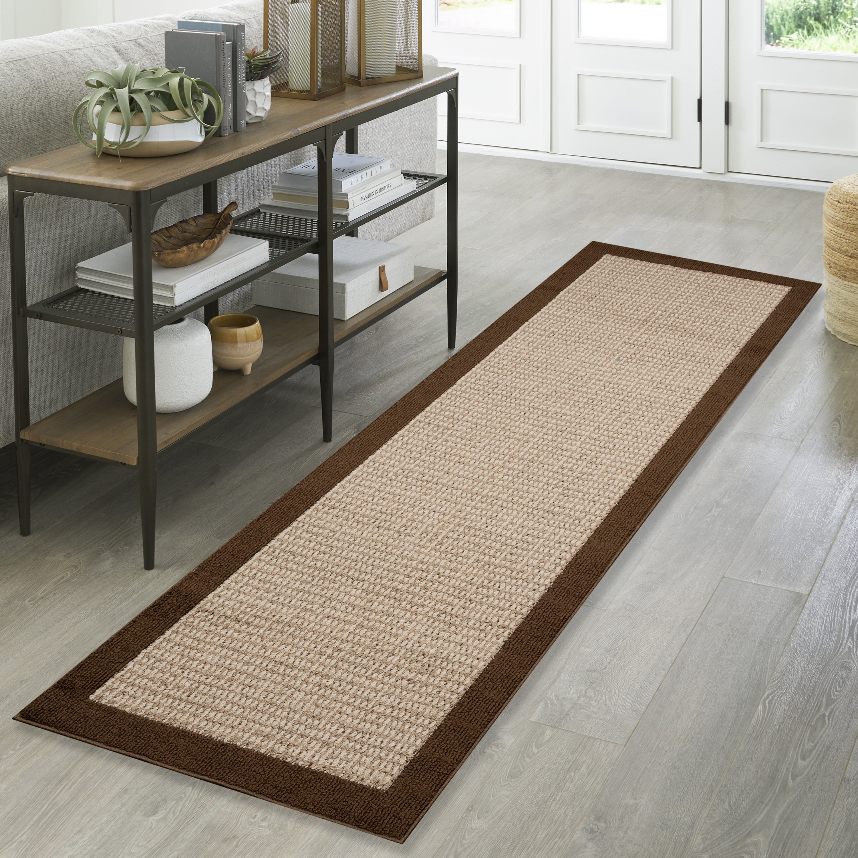 Mainstays Farmhouse Faux Sisal Border Runner Rug, Brown, 2'6" x 8'