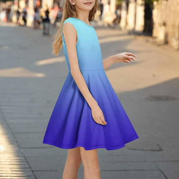 Sleeveless Dresses for Big Girls Size 3-14 Teens Kids Trendy Gradient Printed Crewneck Pullover A-Line Dance Midi Dress 2025