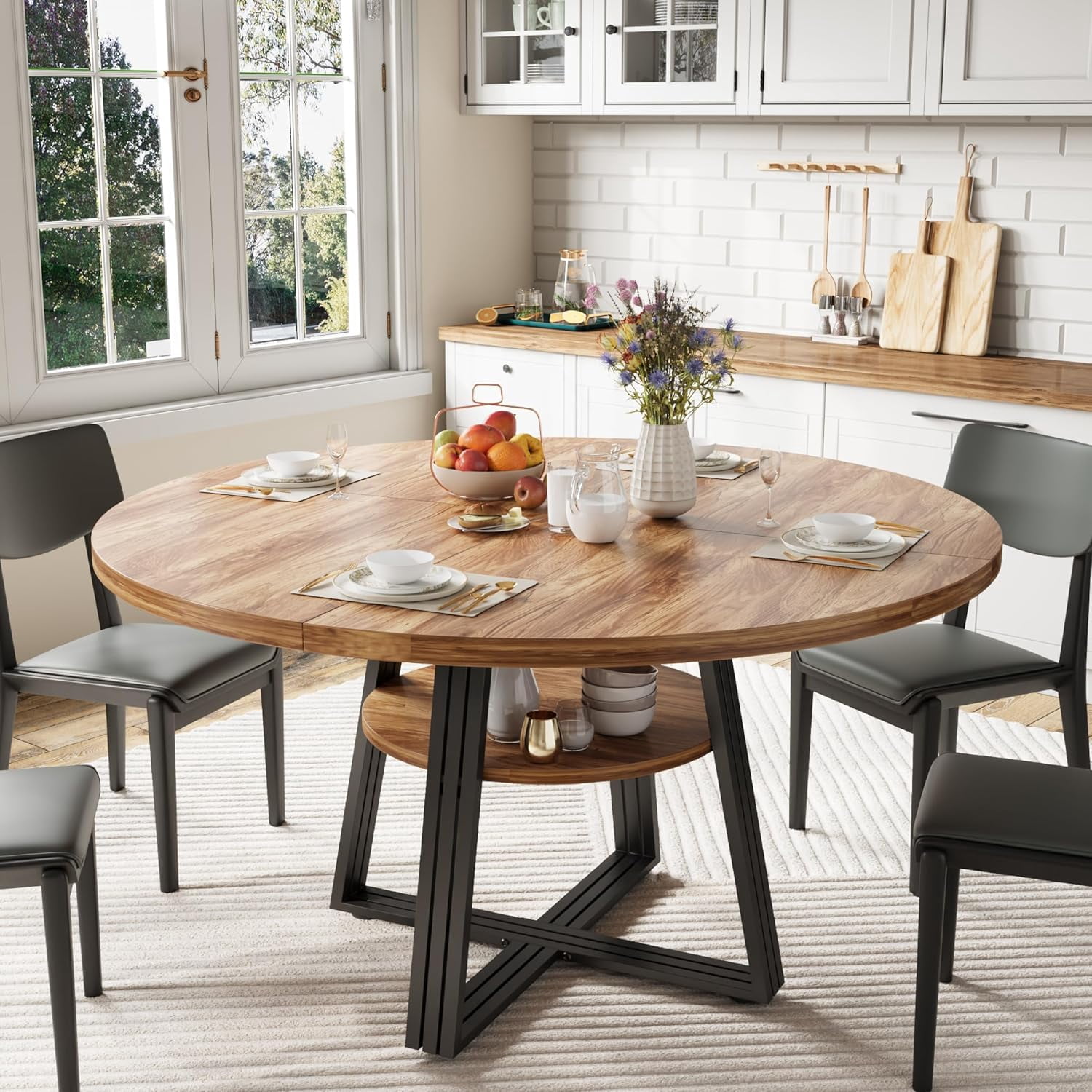 JoanKaren 47.2" Farmhouse Round Dining Table,Circle Dining Table for Kitchen Dining Room,Storage and Metal Square Legs,Retro
