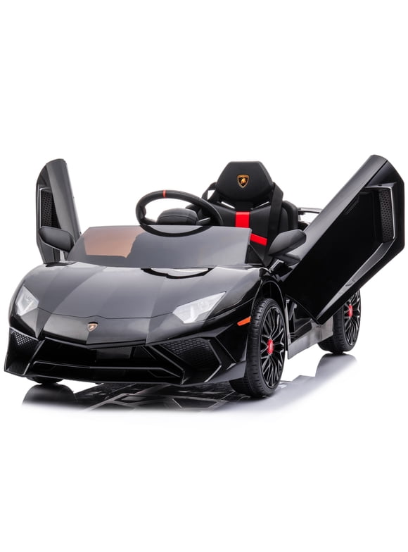 Kidzone Kids Electric Ride On 12V Licensed Lamborghini Aventador SV Battery Powered Sports Car Toy W/ 2 Speeds, Parent Control, Sound System, LED Headlights & Hydraulic Doors, Black