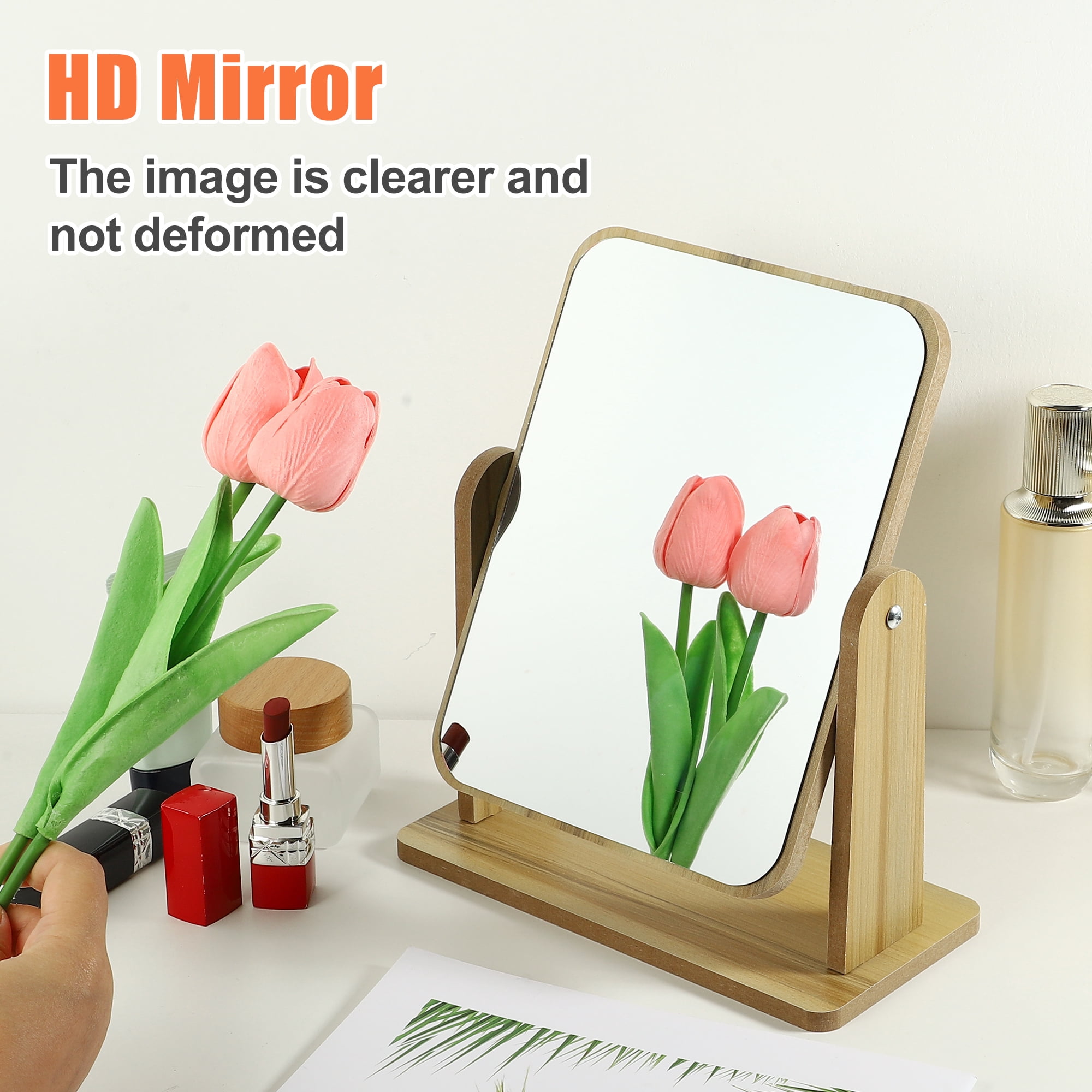 Unique Bargains Wooden Makeup Mirror 360 Rotating Desk Stand Beige 8.07"x3.94"x9.84"