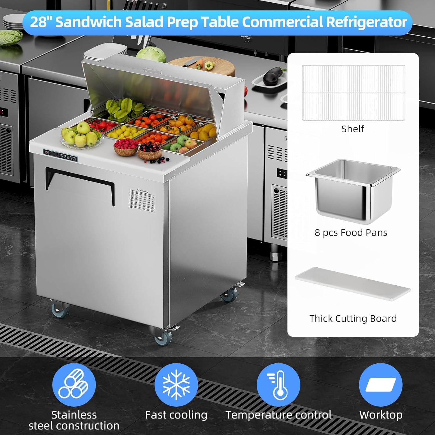 Senfot Stainless Steel Compact Commercial Refrigerator, Mini Fridge for Small Business Bar Cafe Kitchen Home Use 28"+8 plates