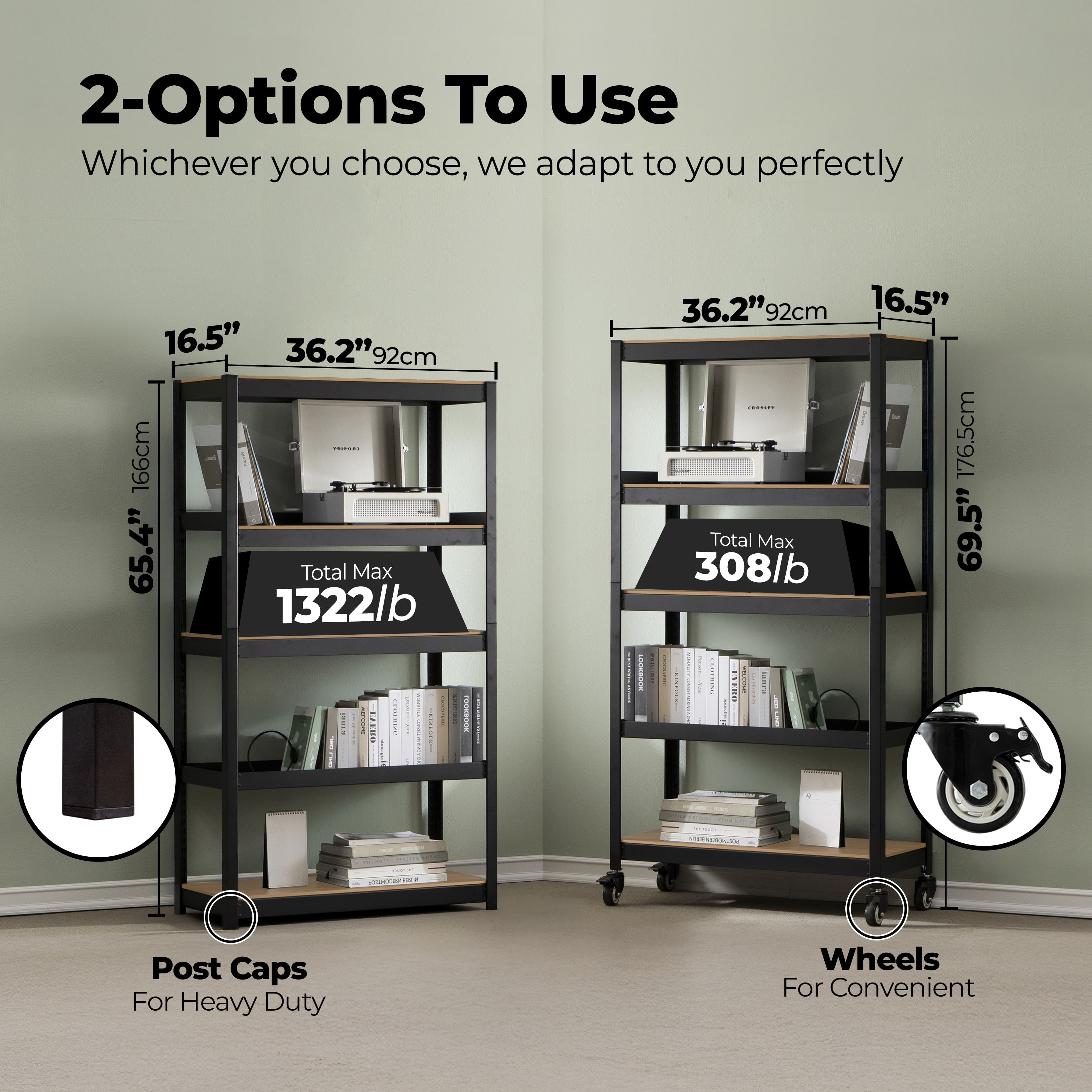 HOMEDANT House 5-Tier Metal Rolling Cart Shelf Rack Casters Heavy Duty Laminated Wheel Shelving Unit Adjustable Utility Storage Shelves Organizer Shelf Kitchen Garage 36.2" W x 16.5" D x 69.5" H