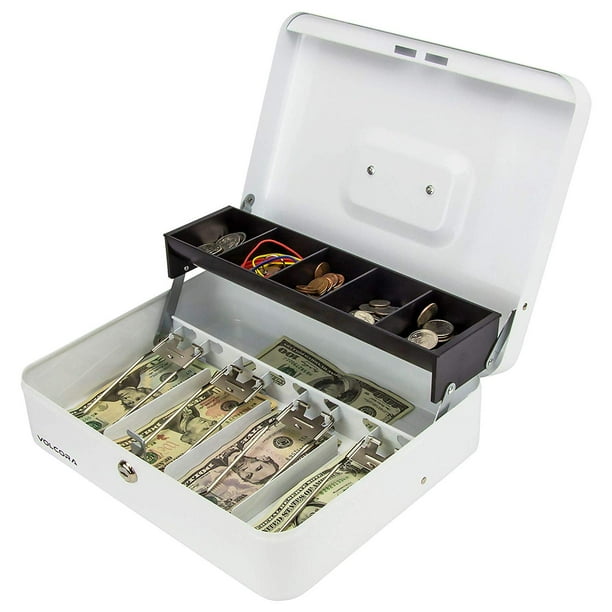 White Steel Cash Box with Safe Key Lock | Tiered Money ...