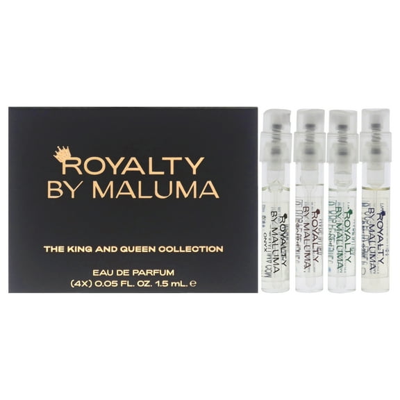 Royalty By Maluma The King and Queen Collection , 4 Pc Gift Set 0.05oz Onyx For Him EDP Spray, 0.05oz Garnet For Him EDP Spray, 0.05oz Jade For Her EDP Spray, 0.05oz Amethyst for Her EDP Spray