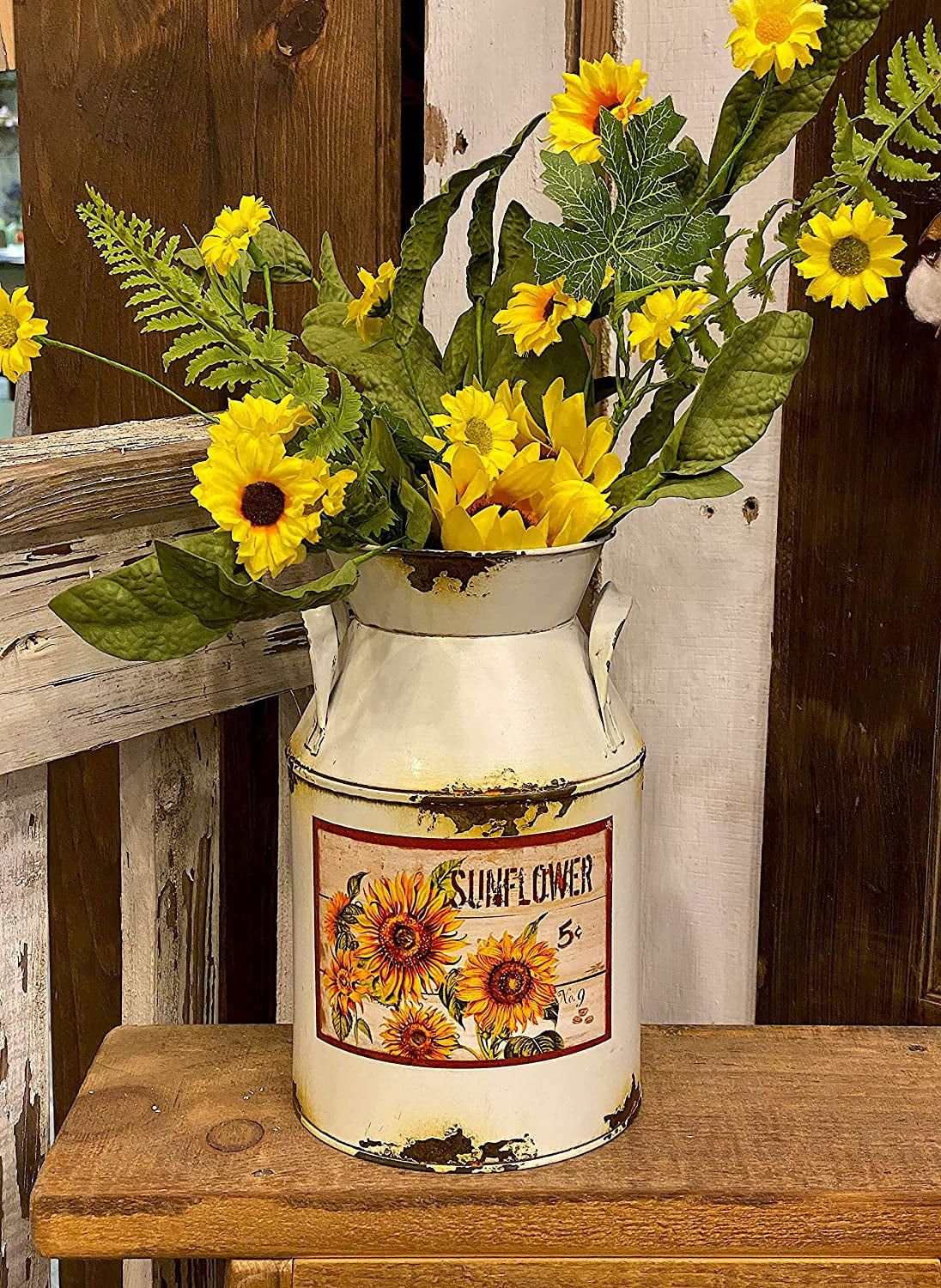 Decorative Milk Can Sunflower Designed Rustic Metal Vase Kitchen