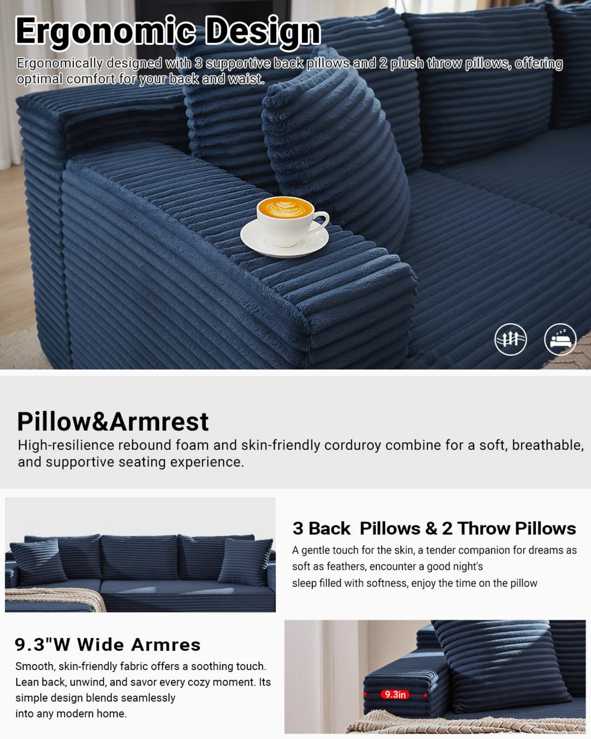 Aukfa 107" Cloud Modular Sectional Couch with Left-Facing Chaise, Corduroy Deep Seat Boneless Sofa for Living Room, Apartment, Blue