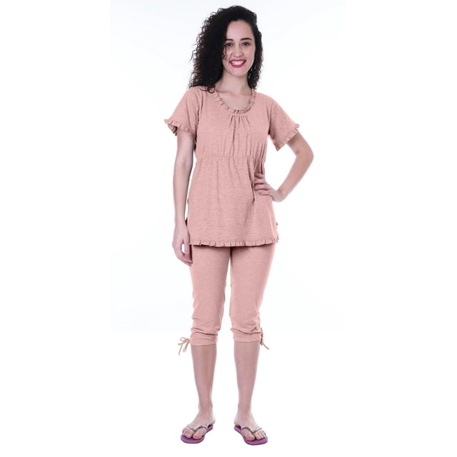 Moomaya Ensemble de Nuit pour Femmes Capri Coton 2 Pcs Chemises de Nuit