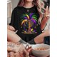 thumbnail image 1 of Women'S T-shirt, 'Purple, Green And Yellow Masks, Beads, Tree Carnival' Print, Retro Minimalist Fashion, Round Neck, Casual And Comfortable, Sporty Short-sleeved T-shirt, 1 of 6