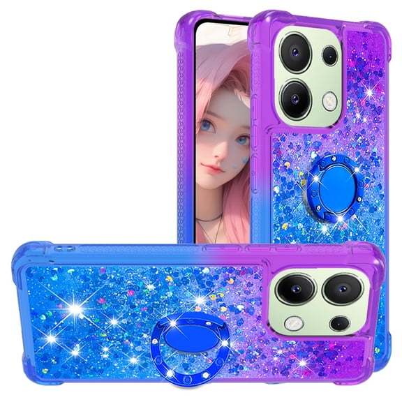 CCSmall for Xiaomi Redmi Note 13 4G Cute Case with Kickstand for Girls Women, Liquid Glitter Sparkle Bling Phone Case Gradient Floating Quicksand Cover for Redmi Note 13 4G JB Purple Navy