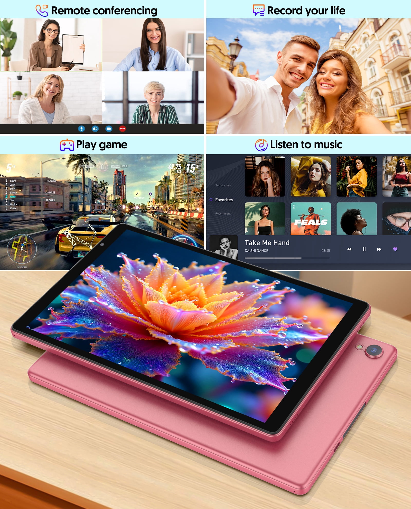 Android Tablet, 10 inch Android 14 Tablet, Quad-core CPU, RAM 4GB（2G+2G）, ROM 32GB (Up to 1TB), 800x1280 IPS, WiFi 6, 2MP+2MP, 6000mAh, Pink