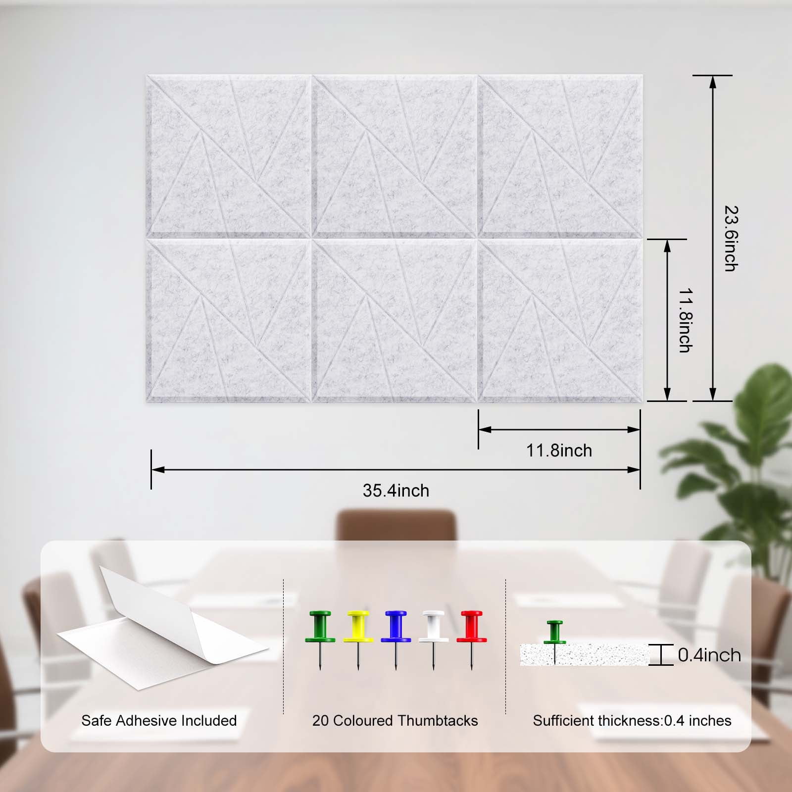 Large Cork Board 36"" x 24"" Alternative - 6 Pack Felt Wall Tiles with 50 Safe Removable Adhesive Tabs, 30 Pushpins, Cork Boards for Walls Pin Board Bulletin Board Office Decor (Light grey)