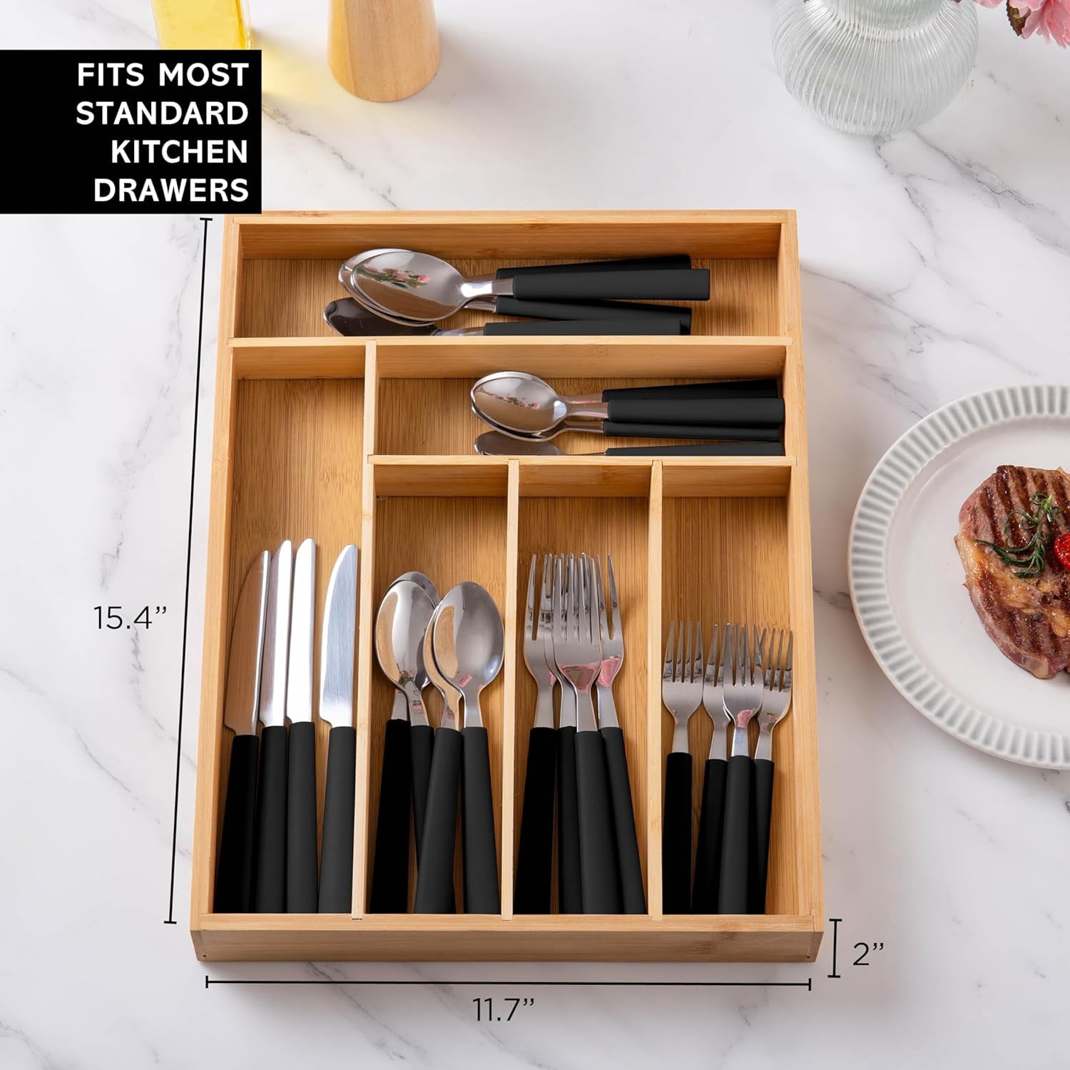 Bamboo Kitchen Utensil Set with Drawer Organizer | Cooking Tools and Storage Caddy, Black, 25 Piece Cutlery Set