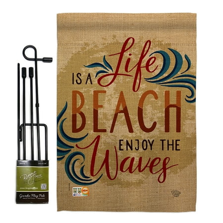 Ornament Collection GS192200-P3 Life Is a Beach Inspirational Expression Impressions Decorative Vertical 13" x 18.5" Garden Flag Set Metal Pole Hardware