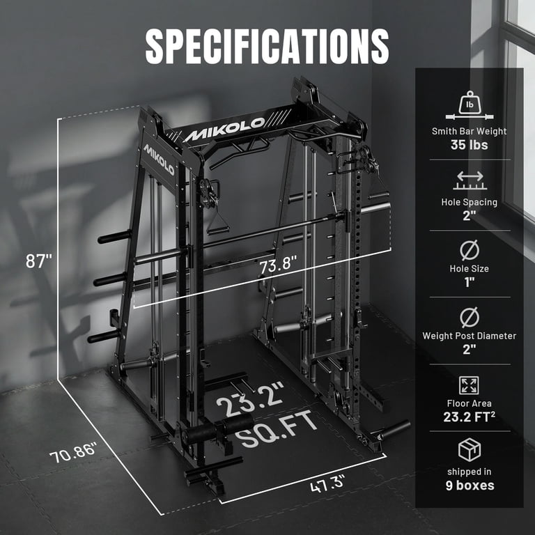 Mikolo M4 2.0 Smith Machine, 2200lb Squat Rack + Crossover System
