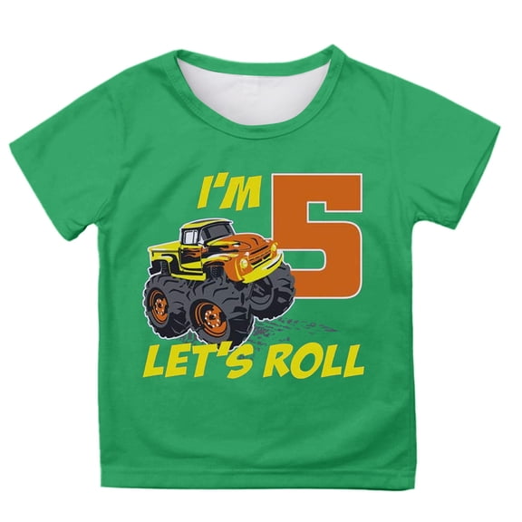 Hihipz Little Boy's T Shirt 5Th Birthday Car Printed Tee Tops Round Neck Soft Stretchy Kids Tshirt,Sizes 4-5