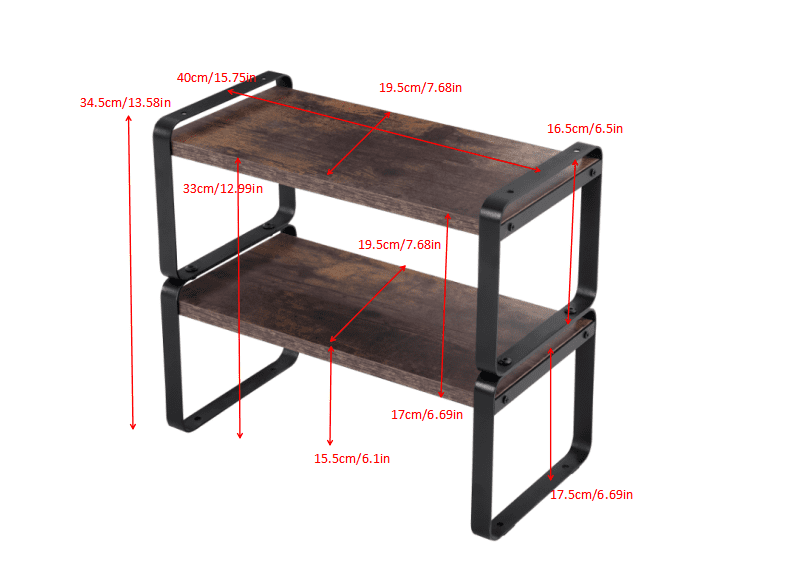 2 Tier Storage Shelves, Adjustable Shelving Unit, Wood Effect And Metal Frame, Home Storage Shelf for Kitchen Bathroom, Black