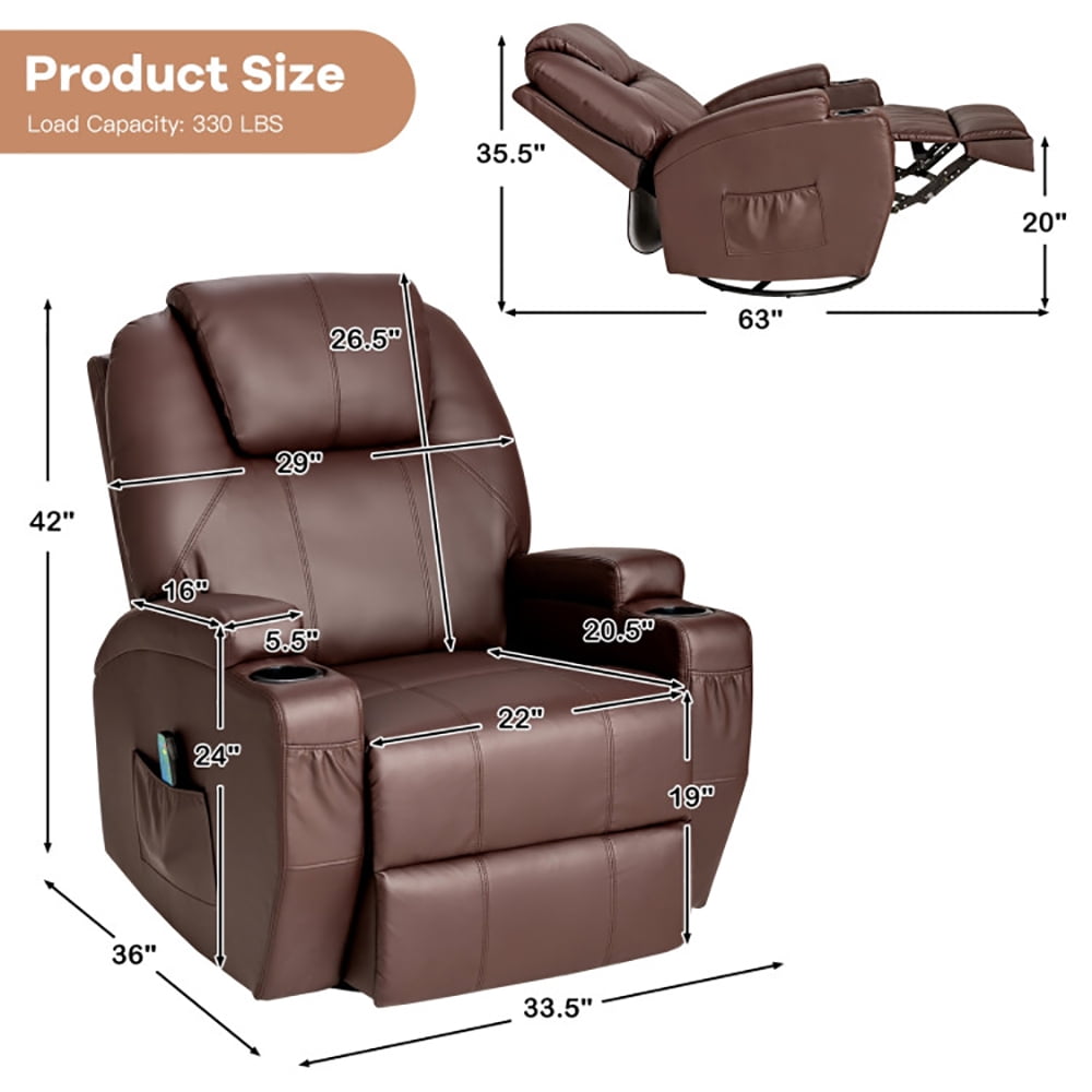 Finihen 360 Degree Swivel Chair, 360-Degree Swivel Massage Recliner Chair with Remote Control, for Living Room, Bedroom, Brown