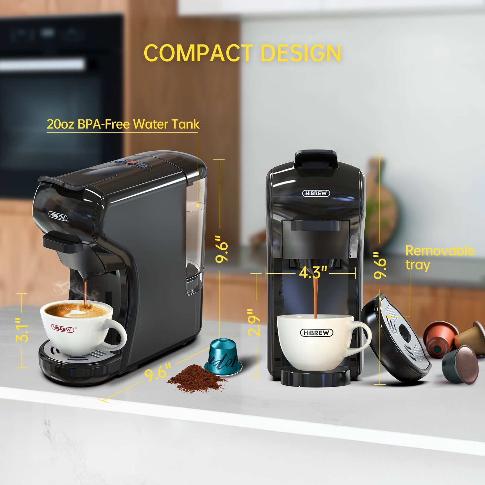 HiBREW H1A 4-in-1 Single Serve Capsule Coffee Machine - 19Bar coffee Maker for Hot/Cold Brews Black