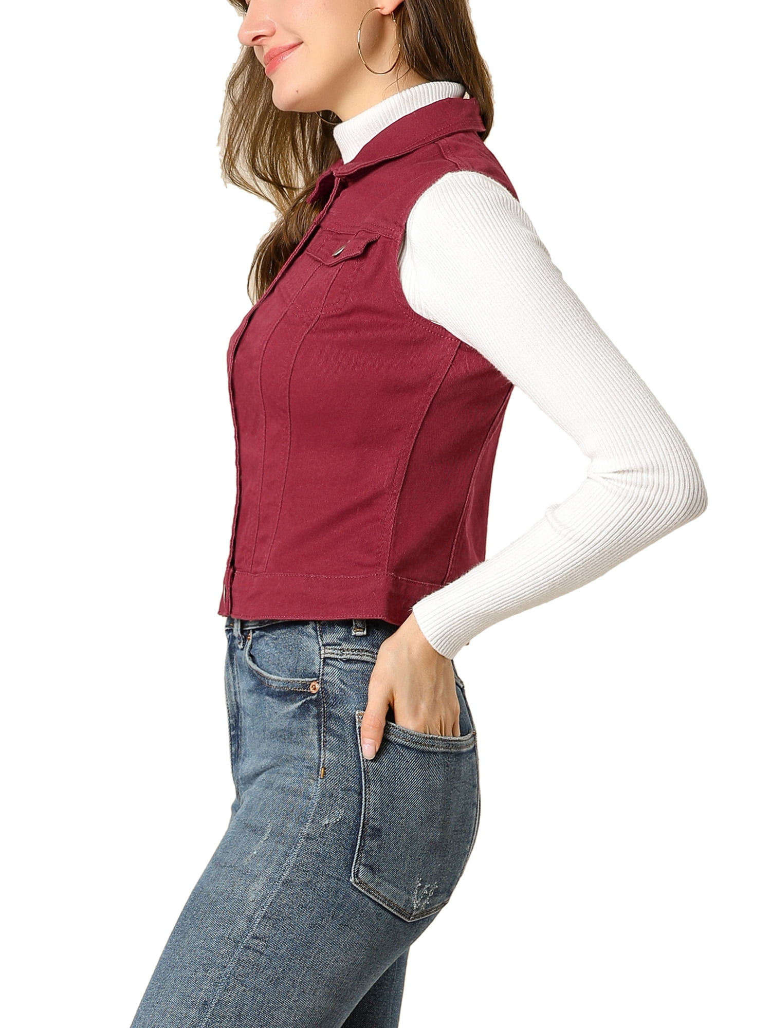 DARING DIVA Women's Denim Sleeveless Flap Pockets Vest Jacket L Burgundy
