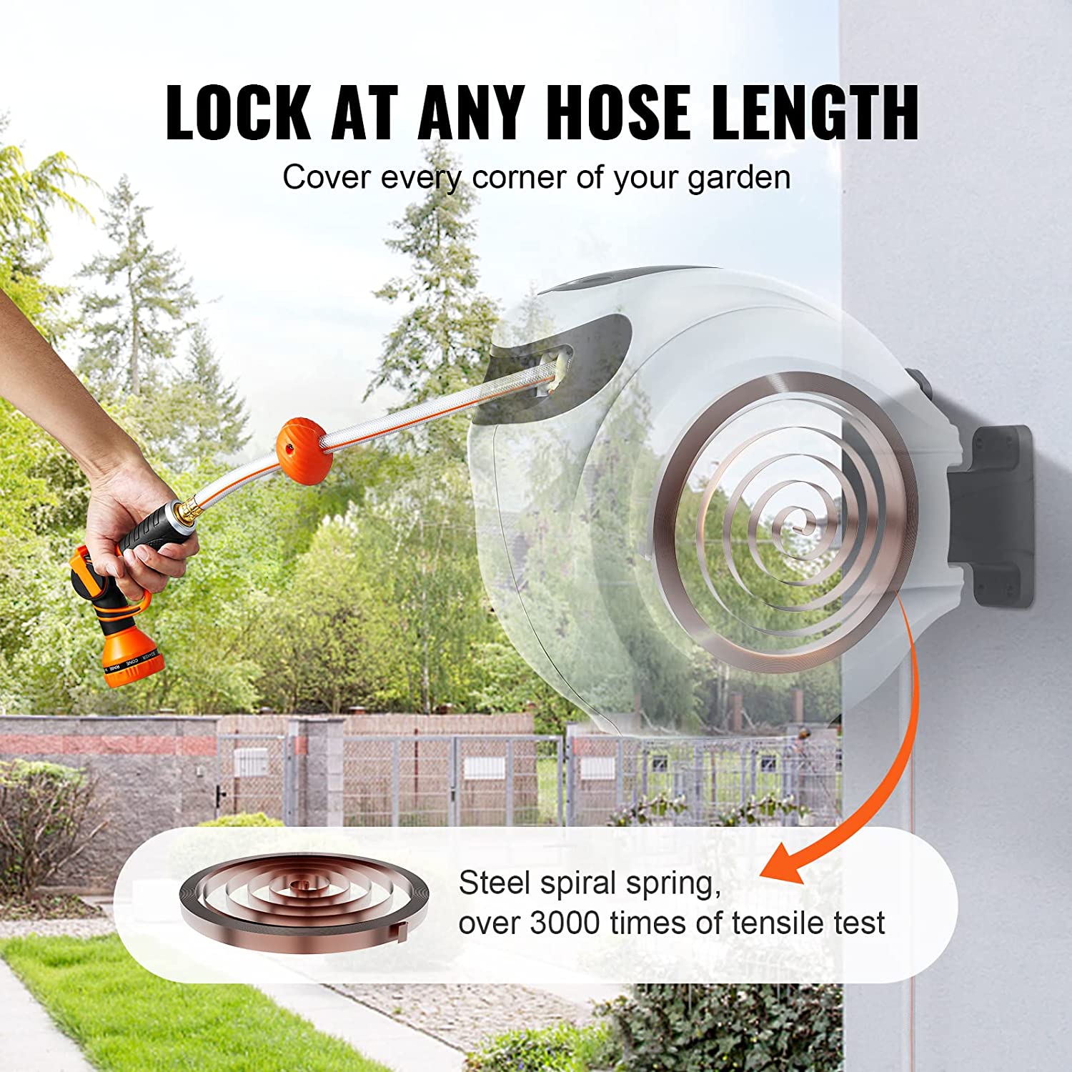 VEVOR Retractable Hose Reel, 65 ft x 5/8 inch, 180° Swivel Bracket Wall-Mounted, Garden Water Hose Reel with 9-Pattern Nozzle, Automatic Rewind, Lock at Any Length, and Slow Return System