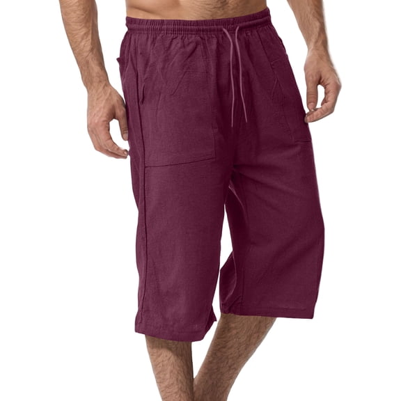IYYVV Men's Long Cotton Linen Shorts Knee Length 3/4 Baggy Pants Summer Drawstring Sport Lounge Capri Pant with Pockets Wine XL
