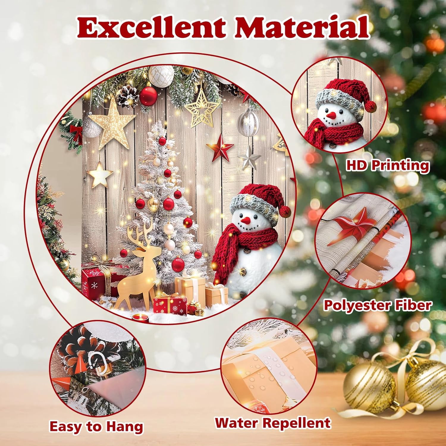 FRAMICS Christmas Snowman Shower Curtain Sets with Rugs, 16 Pc Xmas Tree Wood Barn Door Bathroom Sets, Rustic Winter Waterproof Fabric Bathroom Decor with Hooks