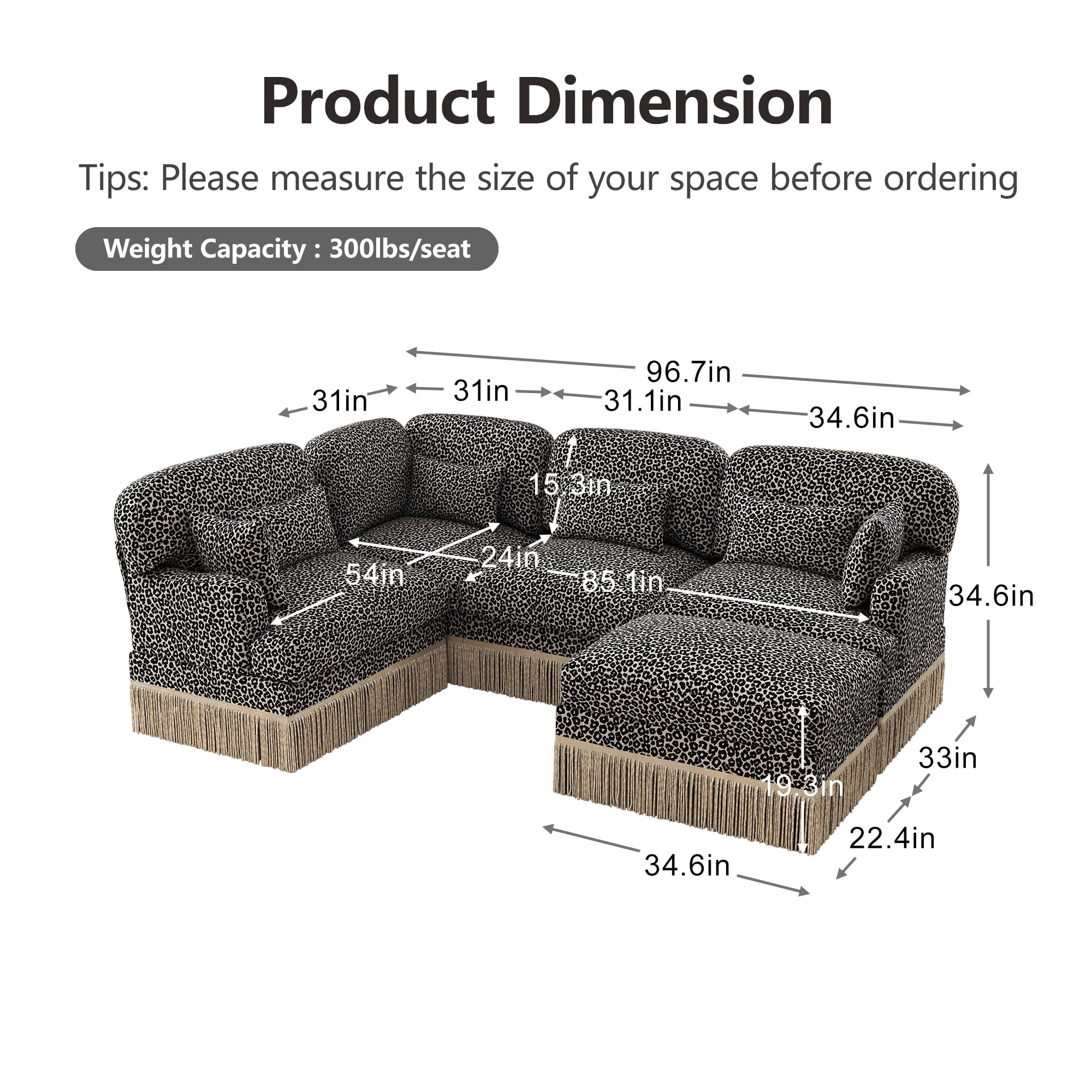 97" U Shaped Leopard Chenille 5 Seater Corner Sofa Couches with 2 Throw Pillows and 4 Lumbar Pillows