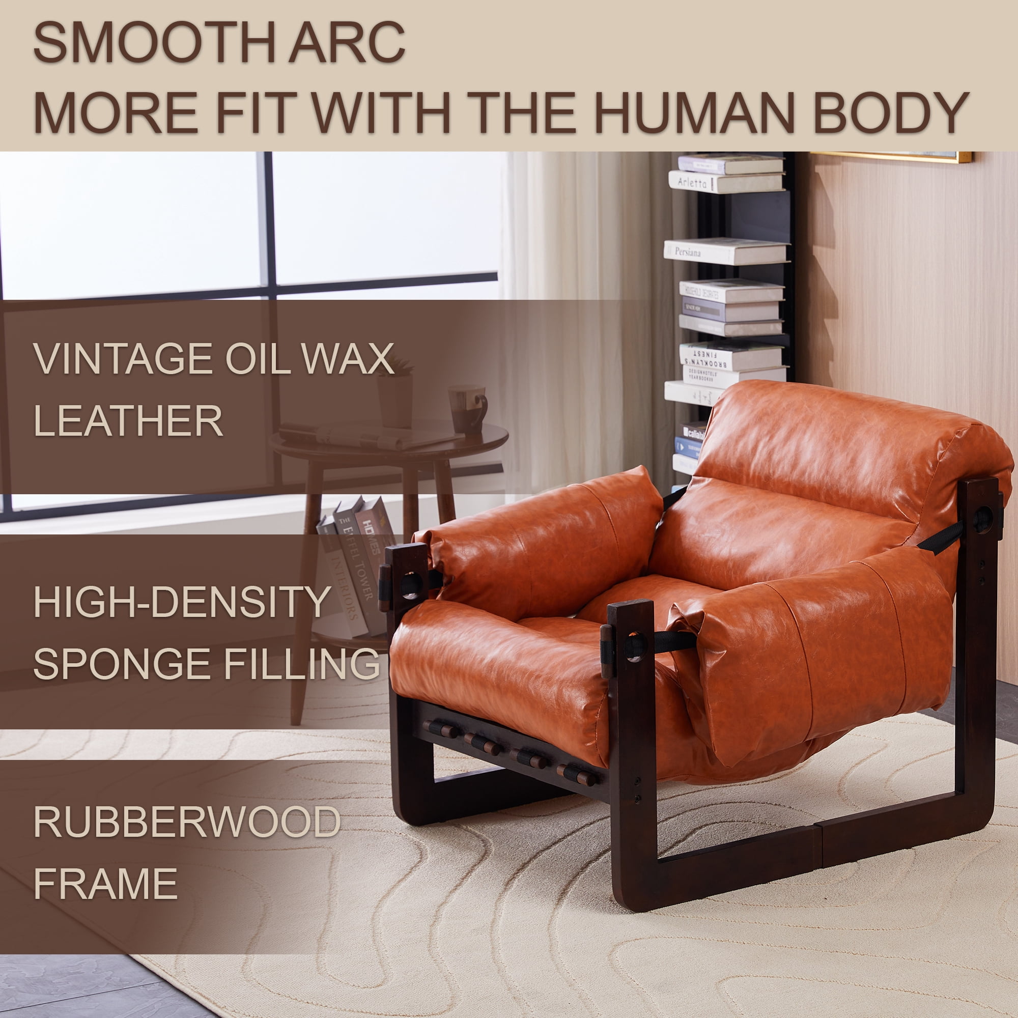 Modern Accent Chair, Upholstered Oil Waxed Leather Armchair with Thick Cushion, Removable Armrests, Single Sofa for Living Room, Bedroom, Office,Retro Orange