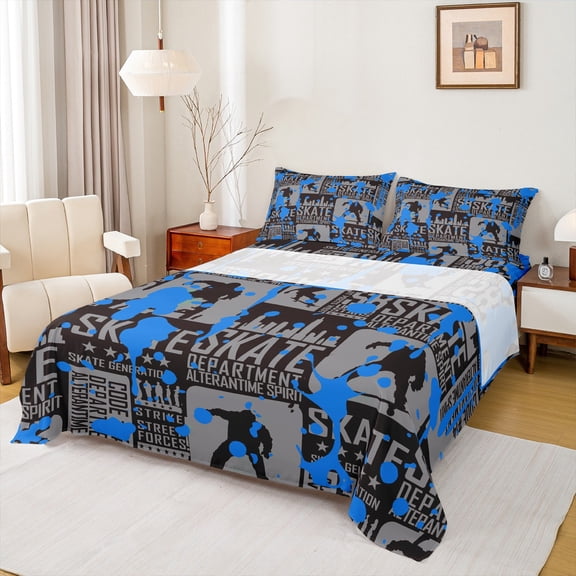 Manfei Skate Gamer Twin Sheet Sets,Blue Splashing Ink Twin Fitted Sheet,Vintage Geometric Plaid Flat Sheet For Boys Teens,Ultra Soft Home Decor,3-Piece