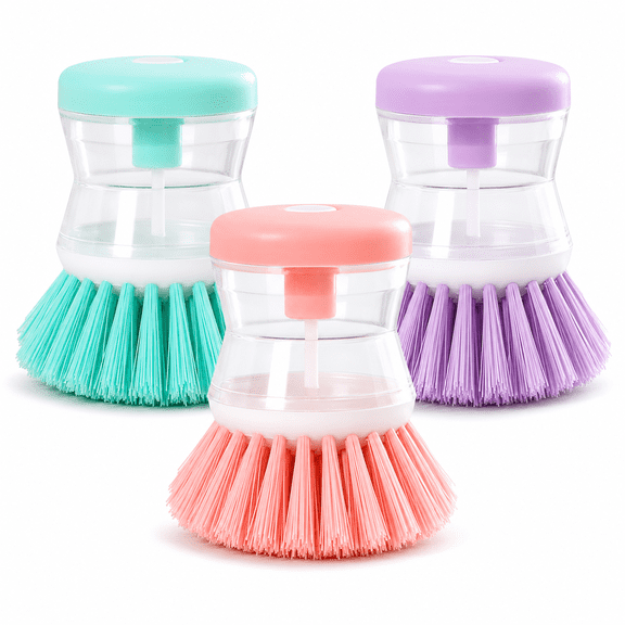 Soap Dispensing Dish Brush, Press-Top Refillable Palm Scrubber with Durable Non-Scratch Bristles for Pots, Pans and Pressure Cookers, Green