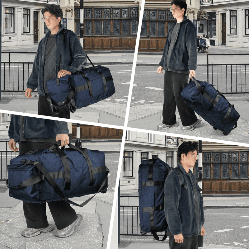 CshidWorld 34-Inch Foldable Rolling Duffle Bag, 90L Water-Resistant Multi-Use Travel Bag with Wheels, Shoulder Straps & Hidden Backpack Straps for Travel, Weekend, Camping, Gym, Blue