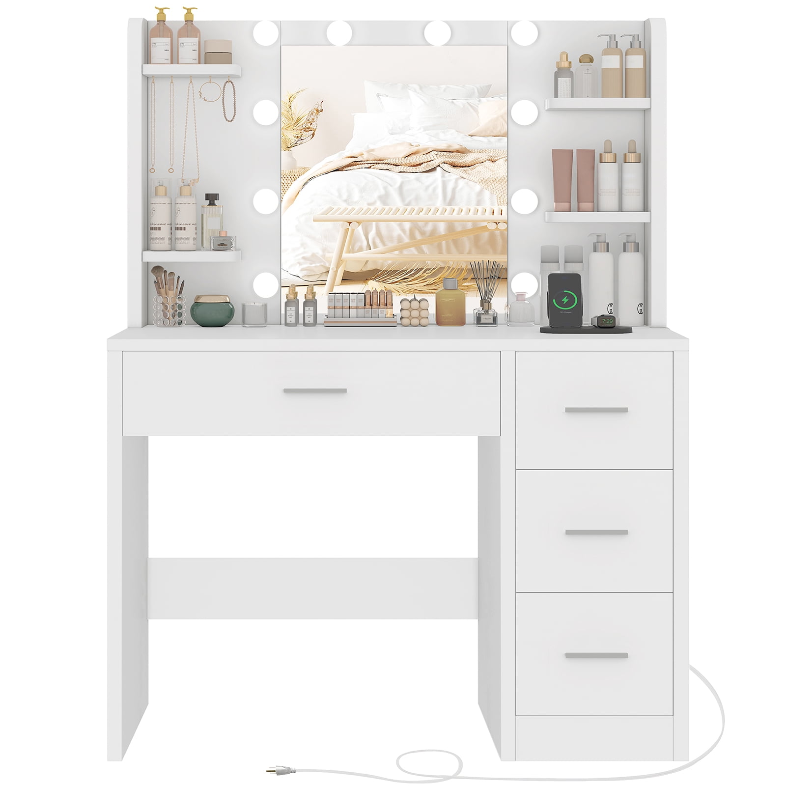 TEENFON Makeup Vanity Set with Mirror and Lights, Vanity Desk with Power Outlet and 4 Drawers & 6 Shelves, Vanity Table for Bedroom, White