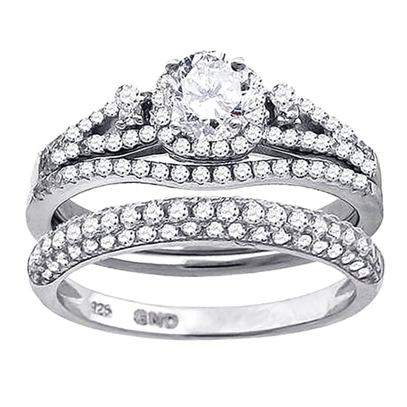 925 Sterling Silver His and Hers Cubic Zirconia Halo Bridal Trio Set Ring Size 7 Ring for Women