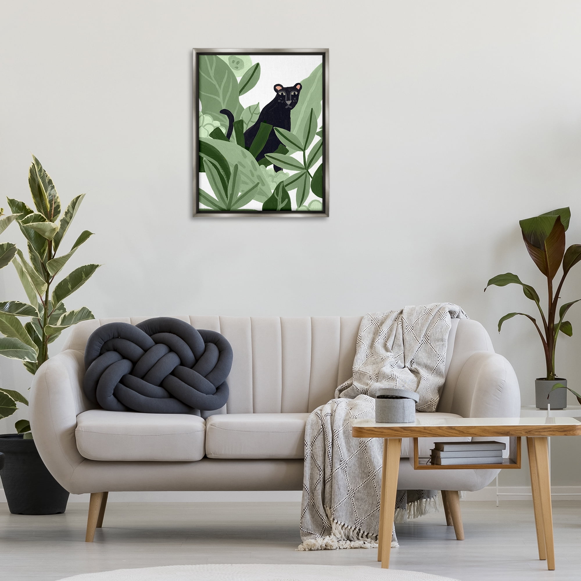 Stupell Industries Panther in Tropical Leaves Plants & Flowers Painting Gray Floater Framed Canvas Art Print Wall Art, 25 x 31