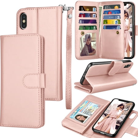 iPhone Xs Max / iPhone XS / iPhone X / iPhone XR Wallet Case Cover, Pu Leather ID Cash Credit Card Slots Holder Carrying Folio Flip Cover [Detachable Magnetic Hard Case] Kickstand