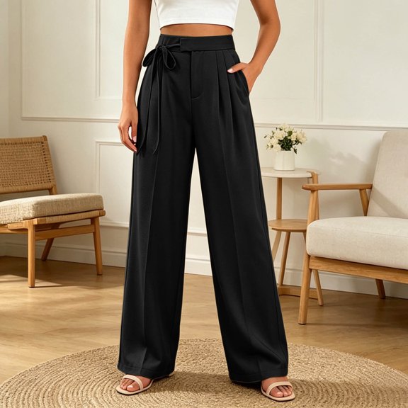 Oiangi Women's Wide Leg Dress Pants High Waist Tie Front Pant Pleated Casual Business Work Trousers with Pockets for Fall Black S