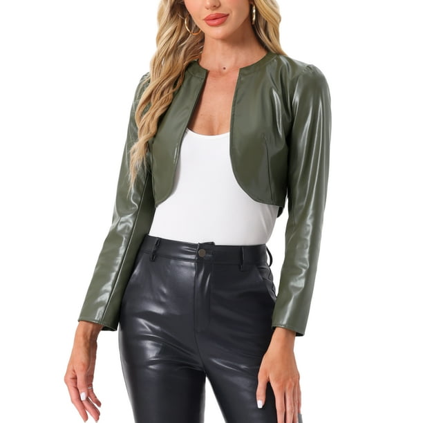Chaquetas cortas de cuero PU Inspire Chic para mujeres, chaqueta de manga larga de frente abierto en verde ejército