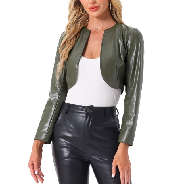 CHAQUETAS CROP DE CUERO PU INSPIRADORAS PARA MUJER, CHAQUETA DE MANGA LARGA ABIERTA EN VERDE EJÉRCITO