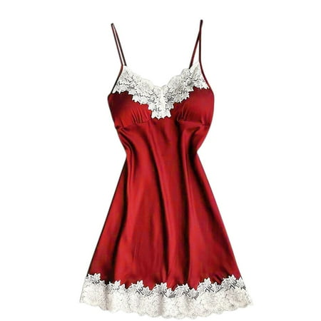 zuwimk Women s Lingerie Women Modal Chemise Lingerie Nightie Full Slips Lace Sleep Dress Z02-Red XXL