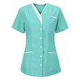 thumbnail image 2 of Nurse Scrubs for Women Solid Color V-Neck Uniform Tops Casual Summer Short Sleeve Working Blouses with Pockets Green L, 2 of 4
