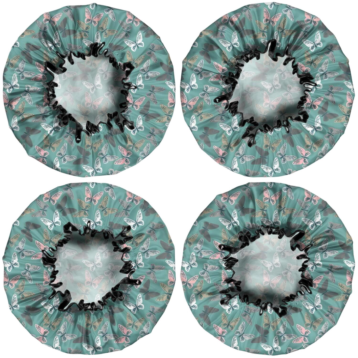 Shower Caps,Green Butterfly Pattern Waterproof Shower Cap for Women 4 Pieces,Double Reusable Hair Cover for Shower PEVA Elastic Stretch Hem