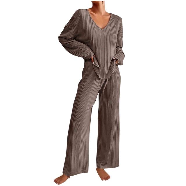 Bowake Women's Fall 2 Piece Outfits Knit Ribbed Sets Long Sleeve V Neck Tops Pullover Wide Leg Pants Sweatsuits Lounge Sets