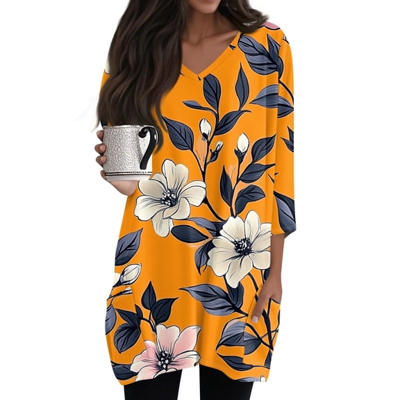 WTOBBY Women's Retro Floral Print Blouse V-Neck 3/4 Sleeve Tunic with Side Pockets Mid-Length Casual Top for Everyday Chic Style,Black L