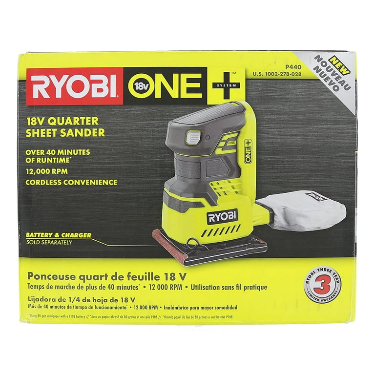 Ryobi P440 One 18V Lithium Ion 12 000 RPM 1 4 Sheet Palm Sander w Onboard Dust Bag and Included Sanding Pads Battery Not Included Power Tool Only