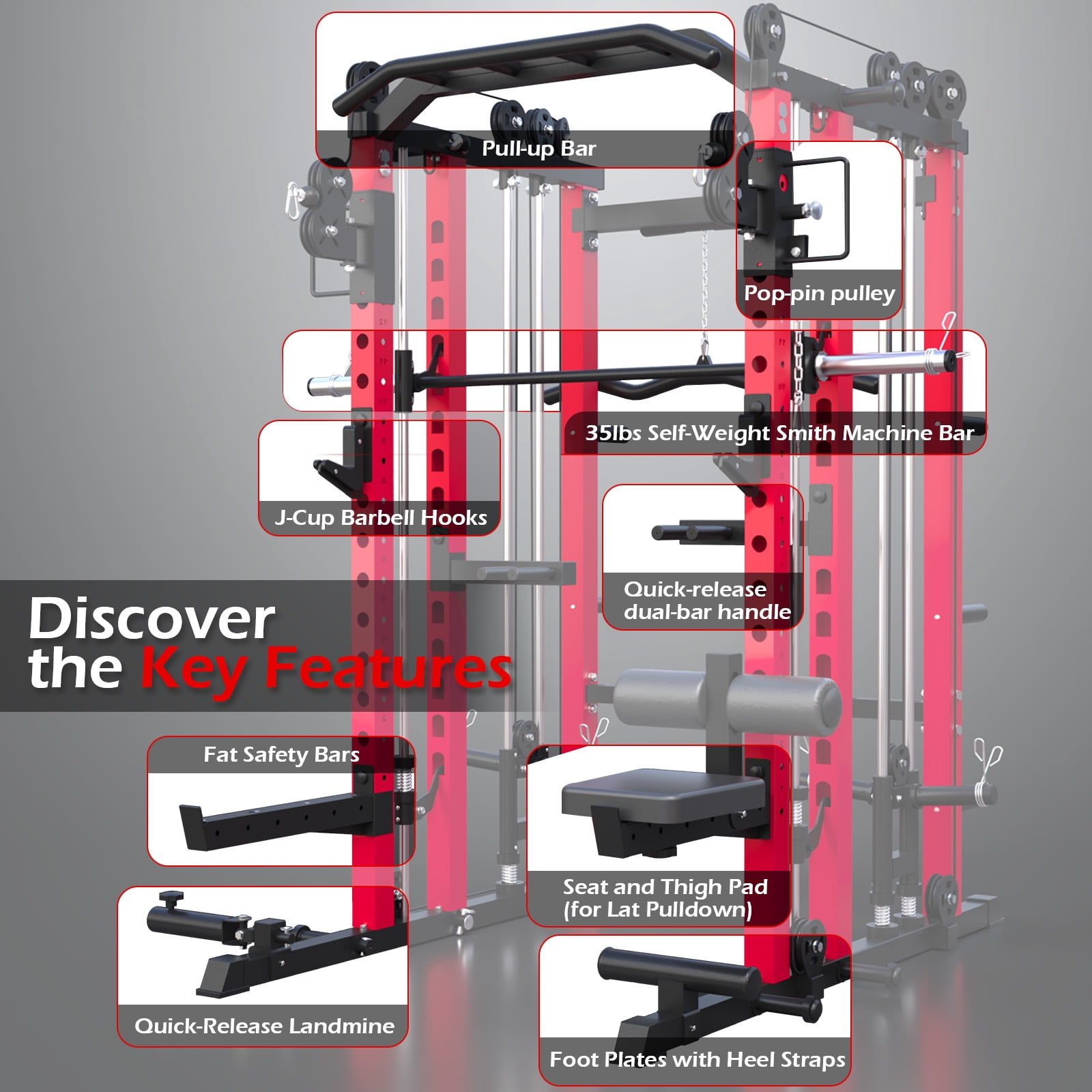 YODOLLA Smith Machine Power Rack Cage, 2000LB All-in-One Squat Rack with Dual Cable Crossover and LAT Pulldown, Home Gym Strength Training Equipment