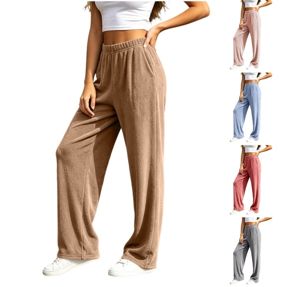 LIaqionyy Women's Fuzzy Pajamas Pant Fleece Sweatpants Elastic Waisted Wide Leg Winter Thermal Pants Soft Warm Bottoms